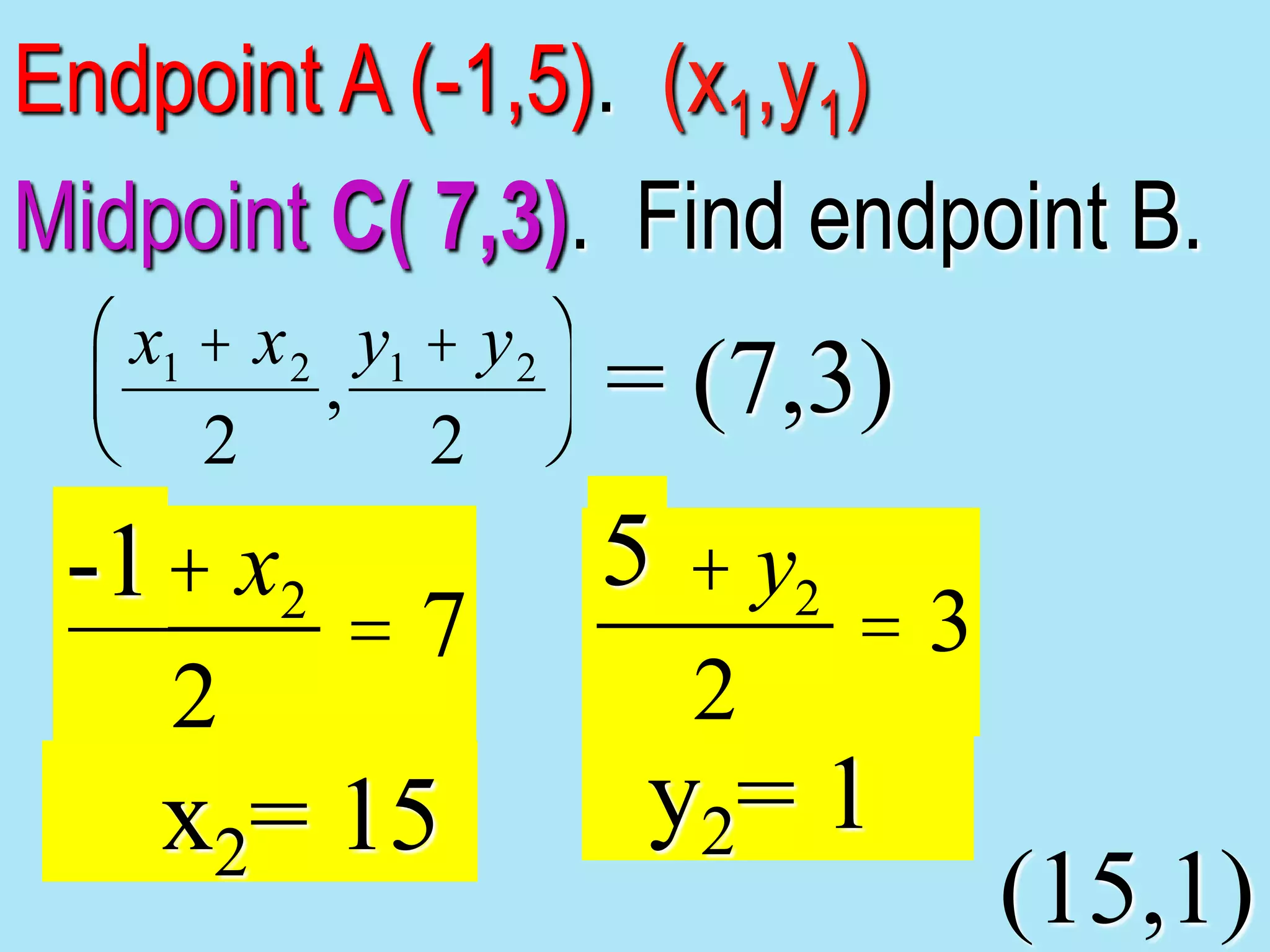 Endpoint A (-1,5). (x1,y1)
Midpoint C( 7,3). Find endpoint B.
x1 + x2
2
,
y1 + y2
2
æ
è
ç
ö
ø
÷ = (7,3)
x1 + x2
2
= 7
y1 + y2
2
= 3
-1 5
x2= 15 y2= 1
(15,1)
 
