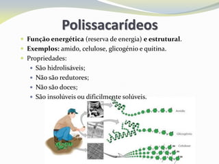Polissacarídeos
 Função energética (reserva de energia) e estrutural.
 Exemplos: amido, celulose, glicogénio e quitina.
 Propriedades:
 São hidrolisáveis;
 Não são redutores;
 Não são doces;
 São insolúveis ou dificilmente solúveis.
 
