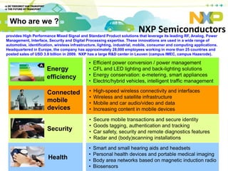 Who are we ?NXP Semiconductorsprovides High Performance Mixed Signal and Standard Product solutions that leverage its leading RF, Analog, Power Management, Interface, Security and Digital Processing expertise. These innovations are used in a wide range of automotive, identification, wireless infrastructure, lighting, industrial, mobile, consumer and computing applications. Headquartered in Europe, the company has approximately 28,000 employees working in more than 25 countries and posted sales of USD 3.8 billion in 2009.  NXP has a large R&D center in Leuven (campus IMEC, campus Haasrode).Energy efficiencyEfficient power conversion / power management