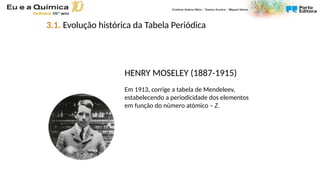 HENRY MOSELEY (1887-1915)
Em 1913, corrige a tabela de Mendeleev,
estabelecendo a periodicidade dos elementos
em função do número atómico – Z.
3.1. Evolução histórica da Tabela Periódica
 