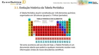 A Tabela Periódica atual é constituída por 118 elementos químicos
organizados em 18 colunas (grupos) e 7 linhas (períodos).
Tal como aconteceu até aos dias de hoje, a Tabela Periódica é um
documento aberto que poderá a qualquer momento receber mais
informações vindas de novas descobertas científicas.
3.1. Evolução histórica da Tabela Periódica
 