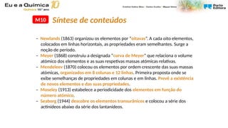 – Newlands (1863) organizou os elementos por “oitavas”. A cada oito elementos,
colocados em linhas horizontais, as propriedades eram semelhantes. Surge a
noção de período.
– Meyer (1868) construiu a designada “curva de Meyer” que relaciona o volume
atómico dos elementos e as suas respetivas massas atómicas relativas.
– Mendeleev (1870) colocou os elementos por ordem crescente das suas massas
atómicas, organizados em 8 colunas e 12 linhas. Primeira proposta onde se
exibe semelhanças de propriedades em colunas e em linhas. Prevê a existência
de novos elementos e das suas propriedades.
– Moseley (1913) estabelece a periodicidade dos elementos em função do
número atómico.
– Seaborg (1944) descobre os elementos transurânicos e colocou a série dos
actinídeos abaixo da série dos lantanídeos.
M10 Síntese de conteúdos
 