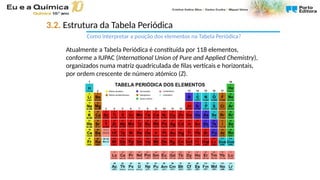 Atualmente a Tabela Periódica é constituída por 118 elementos,
conforme a IUPAC (International Union of Pure and Applied Chemistry),
organizados numa matriz quadriculada de filas verticais e horizontais,
por ordem crescente de número atómico (Z).
Como interpretar a posição dos elementos na Tabela Periódica?
3.2. Estrutura da Tabela Periódica
 