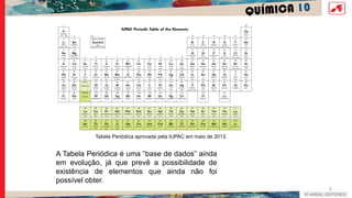 QUÍMICA 10
5
Tabela Periódica aprovada pela IUPAC em maio de 2013.
A Tabela Periódica é uma “base de dados” ainda
em evolução, já que prevê a possibilidade de
existência de elementos que ainda não foi
possível obter.
 