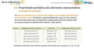 Os átomos transformam-se em iões para adquirir uma configuração eletrónica
quimicamente estável (8 eletrões na generalidade dos casos ou 2 nos átomos
de menor dimensão), que corresponde à configuração eletrónica do gás nobre
de número atómico imediatamente anterior a cada átomo.
Distribuição eletrónica mais estável e respetivo ião formado para os grupos 1, 2, 16, 17 e 18.
3.3. Propriedades periódicas dos elementos representativos
A energia de ionização
 