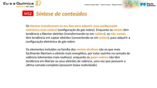 M12
Os átomos transformam-se em iões para adquirir uma configuração
eletrónica mais estável (configuração de gás nobre). Enquanto os metais têm
tendência a libertar eletrões (transformando-se em catiões), os não metais
têm tendência em captar eletrões (convertendo-se em aniões), para adquirir a
configuração eletrónica de gás nobre.
Os elementos incluídos na família dos metais alcalinos são os que mais
facilmente libertam o eletrão mais energético, por estar sozinho na camada de
valência (elementos mais reativos), enquanto os gases nobres não têm
tendência em libertar os seus eletrões de valência, uma vez que possuem a
última camada completa (possuem baixa reatividade).
Síntese de conteúdos
 