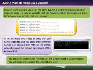 You should name your variables so that they describe the values that they store.
