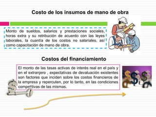 Costo de los insumos de mano de obra


Monto de sueldos, salarios y prestaciones sociales,
horas extra y su retribución de acuerdo con las leyes
laborales, la cuantía de los costos no salariales, así
como capacitación de mano de obra.


                   Costos del financiamiento
      El monto de las tasas activas de interés real en el país y
      en el extranjero , expectativas de devaluación existentes
      son factores que inciden sobre los costos financieros de
      la empresa y repercuten, por lo tanto, en las condiciones
      competitivas de las mismas.
 
