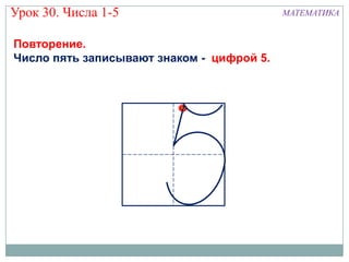 Урок 30. Числа 1-5                         МАТЕМАТИКА


Повторение.
Число пять записывают знаком - цифрой 5.
 