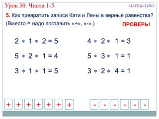 Урок 30. Числа 1-5                                  МАТЕМАТИКА

5. Как превратить записи Кати и Лены в верные равенства?
(Вместо   надо поставить «+», «-».)             ПРОВЕРЬ!


   2      1   2=5               4       2   1=3

   5      2   1=4               5       3   1=1

   3      1   1=5               3       2   4=1



+ + + + + + +                       -   -   -   -    -   -
 
