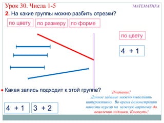 Урок 30. Числа 1-5                                   МАТЕМАТИКА
2. На какие группы можно разбить отрезки?
 по цвету   по размеру по форме

                                               по цвету

                                               4 +1




Какая запись подходит к этой группе?        Внимание!
                                 Данное задание можно выполнять
                              интерактивно. Во время демонстрации
                              навести курсор на нужную карточку до
4 +1        3 +2                  появления ладошки. Кликнуть!
 