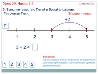 Урок 30. Числа 1-5                                     МАТЕМАТИКА

3. Выполни вместе с Петей и Вовой сложение.
Так считал Петя.                       Вправо - плюс
                                           +2
П.

         1           2         3              4             5

         3+2=
                         Внимание!
                         Данное задание можно выполнить интерактивно.
                         Для этого презентацию надо перевести в режим
1    2   3   4 5         редактирования.
 