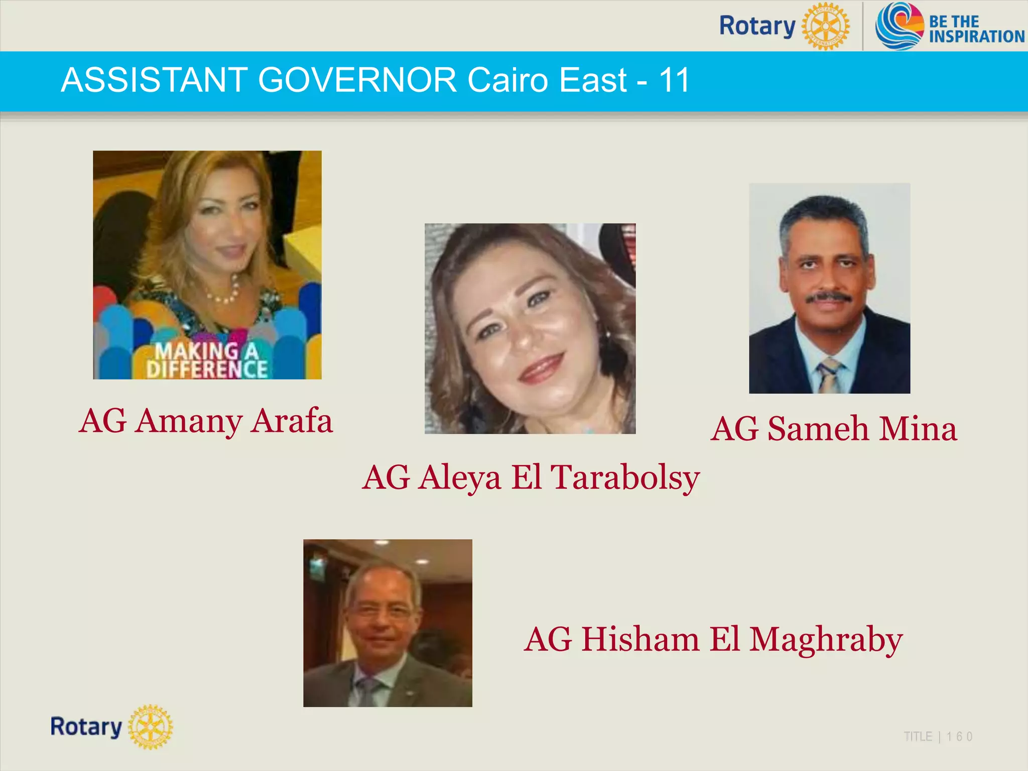 TITLE | 1 6 0
ASSISTANT GOVERNOR Cairo East - 11
AG Amany Arafa
AG Aleya El Tarabolsy
AG Hisham El Maghraby
AG Sameh Mina
 