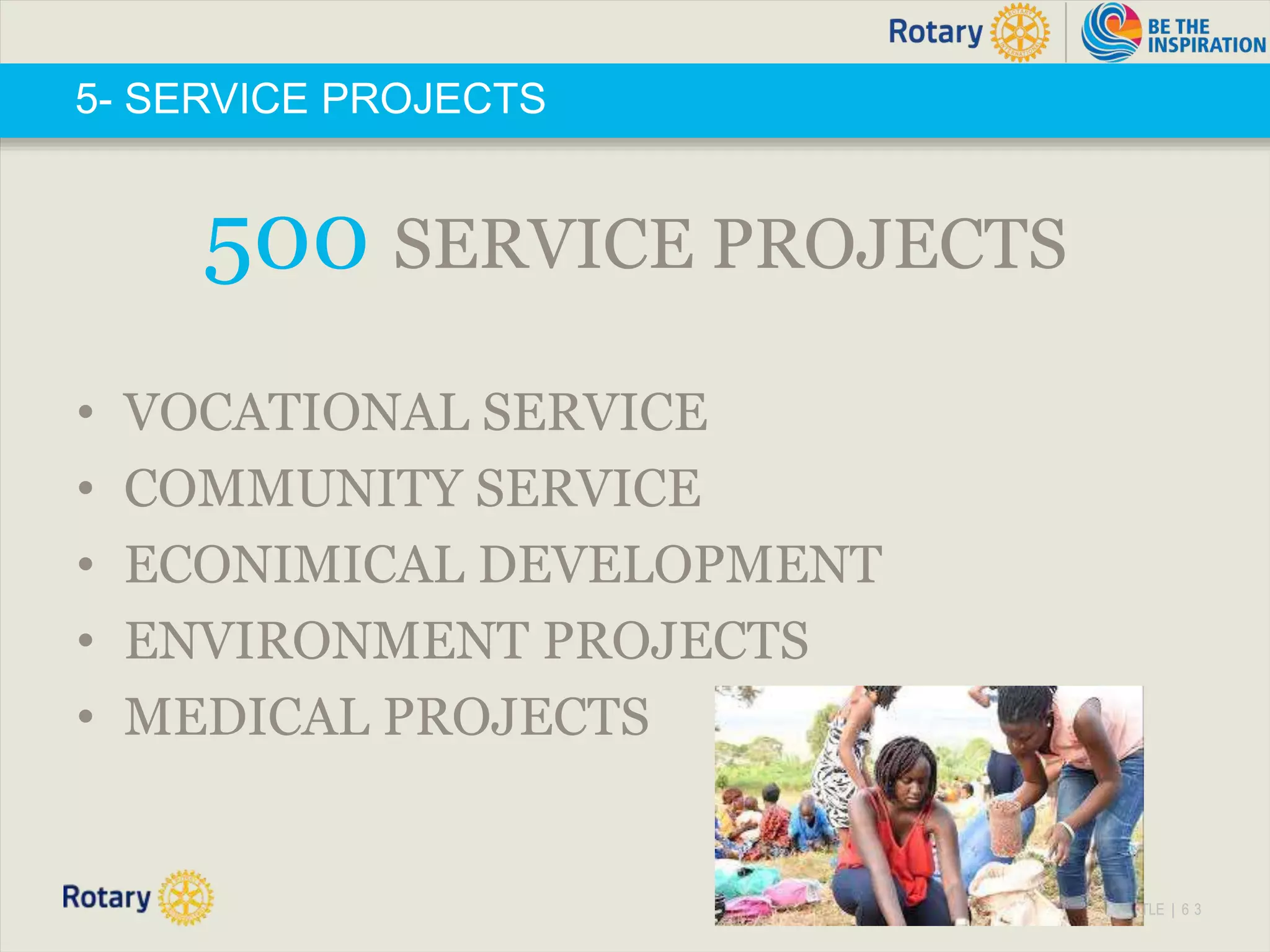 TITLE | 6 3
5- SERVICE PROJECTS
500 SERVICE PROJECTS
• VOCATIONAL SERVICE
• COMMUNITY SERVICE
• ECONIMICAL DEVELOPMENT
• ENVIRONMENT PROJECTS
• MEDICAL PROJECTS
 