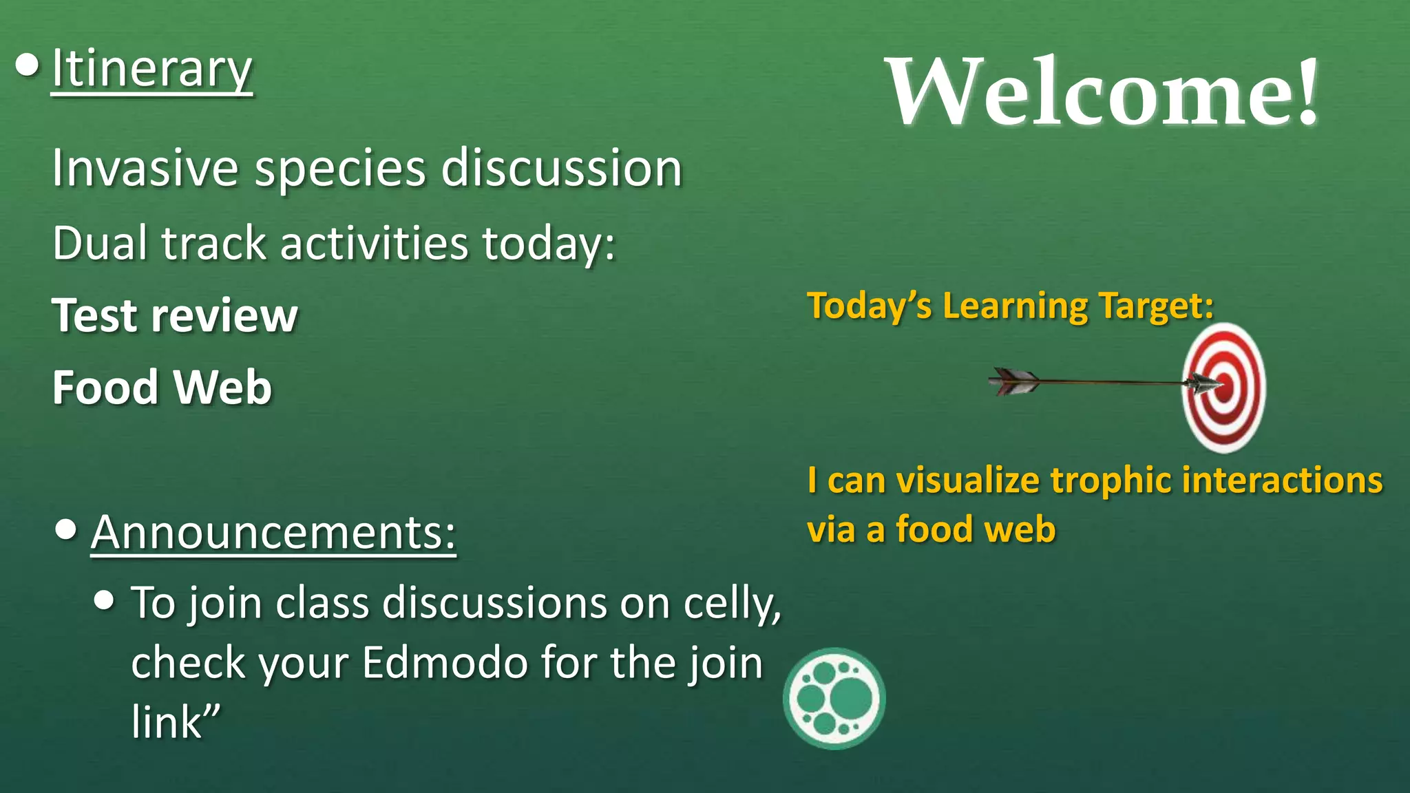 Welcome!Itinerary
Invasive species discussion
Dual track activities today:
Test review
Food Web
 Announcements:
 To join class discussions on celly,
check your Edmodo for the join
link”
Today’s Learning Target:
I can visualize trophic interactions
via a food web
 