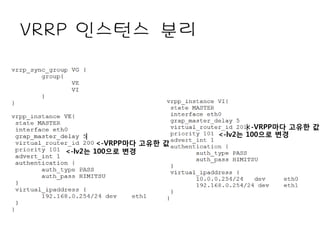 VRRP 인스턴스 분리



                                   <-VRPP마다 고유한 값
                            <-lv2는 102으로 변경
           <-VRPP마다 고유한 값
   <-lv2는 102으로 변경
 