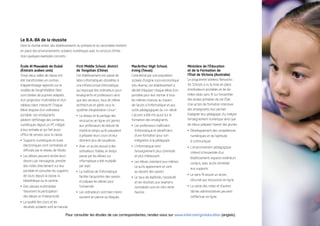 Le B.A.-BA de la réussite
Dans le monde entier, des établissements du primaire et du secondaire mettent
en place des environnements scolaires numériques avec le concours d’Intel.
Voici quelques exemples concrets :

École Al Mawakeb de Dubaï                First Middle School, district          MacArthur High School,                Ministère de l’Éducation
(Émirats arabes unis)                    de Tongshan (Chine)                    Irving (Texas)                        et de la Formation de
Vingt-deux salles de classe ont          Cet établissement est passé de         Caractérisé par une population        l’État de Victoria (Australie)
été transformées en centres              labos informatiques obsolètes à        scolaire d’origine socio-économique   Le programme Wireless Networks
d’apprentissage agencés sur le           une infrastructure informatique        très diverse, cet établissement a     for Schools a vu la mise en place
modèle de l’amphithéâtre. Elles          qui regroupe des ordinateurs pour      décidé d’équiper chaque élève d’un    d’ordinateurs portables et de dix
sont dotées de pupitres adaptés,         enseignants et professeurs ainsi       portable pour leur donner à tous      milles relais sans ﬁl sur l’ensemble
d’un projecteur multimédia et d’un       que des serveurs, tous de même         les mêmes chances au travers          des écoles primaires de cet État.
tableau blanc interactif. Chaque         architecture et gérés sous le          de l’accès à l’informatique et aux    Une action de formation intensive
élève dispose d’un ordinateur            système d’exploitation Linux*.         outils pédagogiques du XXIe siècle.   des enseignants leur permet
portable. Les enseignants                • Le réseau et le partage des          L’accent a été mis aussi sur la       d’adapter leur pédagogie, d’y intégrer
pilotent l’afﬁchage des contenus           ressources en ligne ont permis       formation des enseignants.            l’enseignement numérique ainsi que
numériques depuis un PC intégré            aux professeurs de réduire de        • Les professeurs maîtrisent          de mieux préparer l’avenir des jeunes.
à leur estrade et qui fait aussi           moitié le temps qu’ils passaient       l’informatique et bénéﬁcient        • Développement des compétences
ofﬁce de serveur pour la classe.           à préparer leurs cours et leur         d’une formation pour son              numériques et de l’aptitude
• Supports numériques et livres            donnent plus de souplesse.             intégration à la pédagogie.           à communiquer
  électroniques sont centralisés et      • Avec un accès assuré à des           • L’informatique rend                 • L’environnement pédagogique
  diffusés par le réseau de l’école.       ordinateurs ﬁables, le temps           l’enseignement plus commode           s’étend à l’ensemble d’un
• Les élèves peuvent rendre leurs          passé par les élèves sur               et plus intéressant.
                                                                                                                        établissement, espaces extérieurs
  devoirs par messagerie, prendre          informatique a été multiplié         • Les élèves orientent eux-mêmes        compris, avec accès immédiat
  des notes directement sur leur           par sept.                              ce qu’ils apprennent et vont
                                                                                                                        aux supports.
  portable et consulter les supports     • La maîtrise de l’informatique          au-devant des savoirs.
  de cours depuis la classe, la                                                                                       • Le sans-ﬁl assure un accès
                                           facilite l’acquisition des savoirs   • Le taux de diplômés, l’assiduité
  bibliothèque ou la cantine.              et prépare les élèves pour                                                   sécurisé aux ressources en ligne.
                                                                                  et les résultats aux examens
• Des classes multimédias                  l’université.                          normalisés sont en très nette       • La saisie des notes et d’autres
  favorisent la participation            • Les ordinateurs sont bien moins        hausse.                               tâches administratives peuvent
  des élèves et l’interactivité.           souvent en panne ou bloqués.                                                 s’effectuer en ligne.
• La qualité des cours et les
  résultats scolaires sont en hausse.

                                   Pour consulter les études de cas correspondantes, rendez-vous sur www.intel.com/go/education (anglais).
 