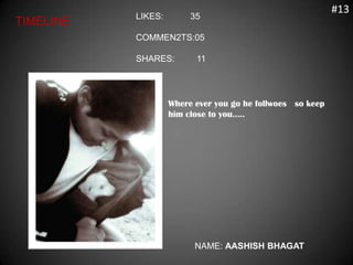 #13
           LIKES:        35
TIMELINE
           COMMEN2TS:05

           SHARES:        11




                    Where ever you go he follwoes so keep
                    him close to you…..




                          NAME: AASHISH BHAGAT
 