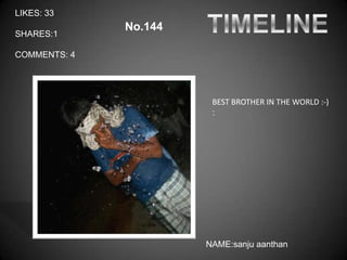 LIKES: 33
              No.144
SHARES:1

COMMENTS: 4




                        BEST BROTHER IN THE WORLD :-)
                        :




                       NAME:sanju aanthan
 