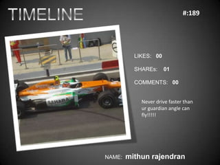 #:189




          LIKES: 00

          SHAREs:     01

          COMMENTS: 00


            Never drive faster than
            ur guardian angle can
            fly!!!!!




NAME:   mithun rajendran
 