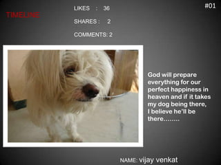 LIKES   :   36                               #01
TIMELINE
           SHARES :     2

           COMMENTS: 2




          ...