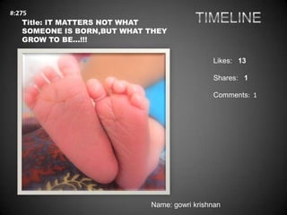 #:275
    Title: IT MATTERS NOT WHAT
    SOMEONE IS BORN,BUT WHAT THEY
    GROW TO BE...!!!

                                              Likes: 13

                                              Shares: 1

                                              Comments: 1




                             Name: gowri krishnan
 