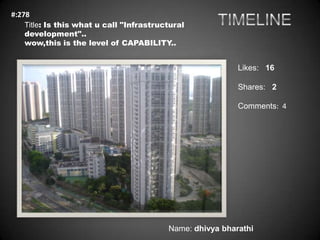 #:278
   Title: Is this what u call "Infrastructural
   development"..
   wow,this is the level of CAPABILITY..


                                                          Likes: 16

                                                          Shares: 2

                                                          Comments: 4




                                         Name: dhivya bharathi
 