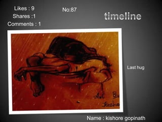 Likes : 9    No:87
 Shares :1
Comments : 1




                                      Last hug




                       Name : kishore gopinath
 