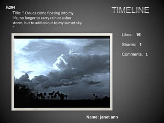 #:294
    Title: " Clouds come floating into my
    life, no longer to carry rain or usher
    storm, but to add colour to...