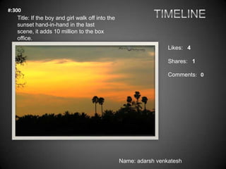 #:300
    Title: If the boy and girl walk off into the
    sunset hand-in-hand in the last
    scene, it adds 10 million t...