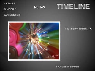 LIKES: 54
              No.145
SHARES:2

COMMENTS: 5




                             The range of colours . . ♥:




                       NAME:sanju aanthan
 