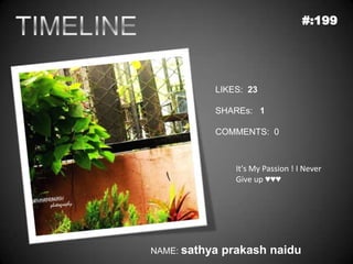 #:199




           LIKES: 23

           SHAREs: 1

           COMMENTS: 0



                 It's My Passion ! I Never
                 Give up ♥♥♥




NAME: sathya   prakash naidu
 
