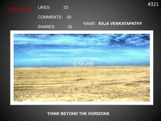 #321
           LIKES:      03
TIMELINE
           COMMENTS:    00
                             NAME: RAJA VENKATAPATHY
           SHARES:      02




               THINK BEYOND THE HORIZONS
 