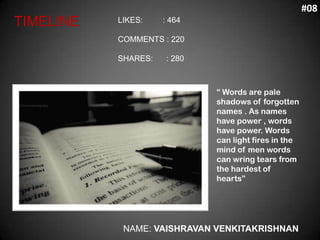 #08
TIMELINE   LIKES:    : 464

           COMMENTS : 220

           SHARES:    : 280



                              “ Words are pale
                              shadows of forgotten
                              names . As names
                              have power , words
                              have power. Words
                              can light fires in the
                              mind of men words
                              can wring tears from
                              the hardest of
                              hearts”




            NAME: VAISHRAVAN VENKITAKRISHNAN
 