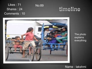 Likes : 71    No:89
 Shares : 24
Comments : 10




                              The photo
                              explains
                              everything




                        Name : lakshmi
 