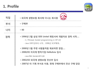 1. Profile                                                      | 3




 직업          • 외국계 생명보험 회사에 다니는 회사원

 부서          • 구매부


 나이          • 40


 경력          • 1996년 2월 삼성 SDS Unitel 채팅서버 개발자로 경력 시작….
                - C, Pthread, Socket programming in HP-UX
                - Java 1997년부터 시작… 1998년 SCJP획득..

             • 2000년 1월 주변 사람들처럼 제로마켓 창업….
             • 2000/05 미국계 벤처기업 HelloAsia 입사
                    - Java RMI, Servlet/JSP, EJB

             • 2002/02 외국계 생명보험 젂산부 입사
             • 2007년 타 기획 부서로 이동, 현재 구매부에서 젂산 구매 담당
                                                            3
 