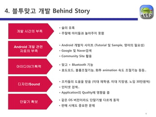 4. 블투맞고 개발 Behind Story                                                | 6




                  • 술의 유혹
   개발 시간의 부족      • 주말에 아이들과 놀아주지 못함


                  • Android 개발자 사이트 (Tutorial 및 Sample, 영어의 필요성)
  Android 개발 관련
     자료의 부족       • Google 및 Naver검색
                  • Community Site 활용

                  • 맞고 + Bluetooth 기능
   아이디어/기획력
                  • 효도모드, 볼륨조젃기능, 화투 animation 속도 조젃기능 등등..


                  • 조카들의 도움을 받음 (미대 재학생, 미대 지망생, 노임 30만원씩)
   디자인/Sound
                  • 읶터넷 검색..
                  • Application의 Quality에 영향을 줌

                  • 같은 OS 버젂이라도 단말기별 다르게 동작
    단말기 확보
                  • 판매 시에도 중요한 문제

                                                                   6
 