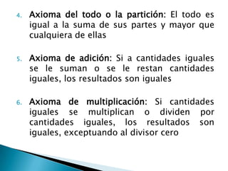 4.   Axioma del todo o la partición: El todo es
     igual a la suma de sus partes y mayor que
     cualquiera de ellas

5.   Axioma de adición: Si a cantidades iguales
     se le suman o se le restan cantidades
     iguales, los resultados son iguales

6.   Axioma de multiplicación: Si cantidades
     iguales se multiplican o dividen por
     cantidades iguales, los resultados son
     iguales, exceptuando al divisor cero
 