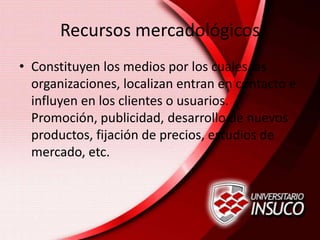 Recursos mercadológicos
• Constituyen los medios por los cuales las
organizaciones, localizan entran en contacto e
influyen en los clientes o usuarios.
Promoción, publicidad, desarrollo de nuevos
productos, fijación de precios, estudios de
mercado, etc.
 