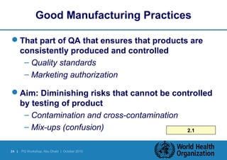 Good Manufacturing Practices 
That part of QA that ensures that products are 
consistently produced and controlled 
– Quality standards 
– Marketing authorization 
Aim: Diminishing risks that cannot be controlled 
by testing of product 
– Contamination and cross-contamination 
– Mix-ups (confusion) 2.1 
24 | PQ Workshop, Abu Dhabi | October 2010 
 