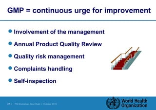 GMP = continuous urge for improvement 
Involvement of the management 
Annual Product Quality Review 
Quality risk management 
Complaints handling 
Self-inspection 
27 | PQ Workshop, Abu Dhabi | October 2010 
 