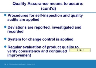 22 | PQ Workshop, Abu Dhabi | October 2010
Quality Assurance means to assure:
(cont'd)
Procedures for self-inspection and quality
audits are applied
Deviations are reported, investigated and
recorded
System for change control is applied
Regular evaluation of product quality to
verify consistency and continued
improvement
1.1 i - l
 