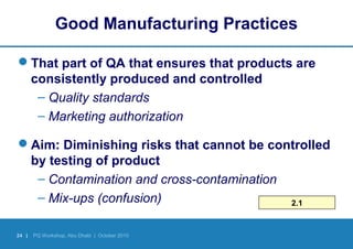 24 | PQ Workshop, Abu Dhabi | October 2010
Good Manufacturing Practices
That part of QA that ensures that products are
consistently produced and controlled
– Quality standards
– Marketing authorization
Aim: Diminishing risks that cannot be controlled
by testing of product
– Contamination and cross-contamination
– Mix-ups (confusion) 2.1
 