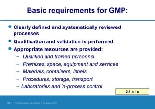25 | PQ Workshop, Abu Dhabi | October 2010
Basic requirements for GMP:
Clearly defined and systematically reviewed
processes
Qualification and validation is performed
Appropriate resources are provided:
– Qualified and trained personnel
– Premises, space, equipment and services
– Materials, containers, labels
– Procedures, storage, transport
– Laboratories and in-process control
2.1 a - c
 