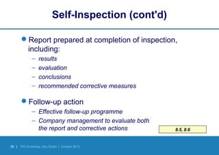 39 | PQ Workshop, Abu Dhabi | October 2010
8.5, 8.6
Self-Inspection (cont'd)
Report prepared at completion of inspection,
including:
– results
– evaluation
– conclusions
– recommended corrective measures
Follow-up action
– Effective follow-up programme
– Company management to evaluate both
the report and corrective actions
 