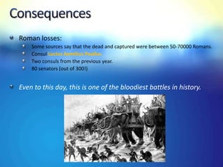 Roman losses:
Some sources say that the dead and captured were between 50-70000 Romans.
Consul Lucius Aemilius Paullus
Two consuls from the previous year.
80 senators (out of 300!)
Even to this day, this is one of the bloodiest battles in history.
 