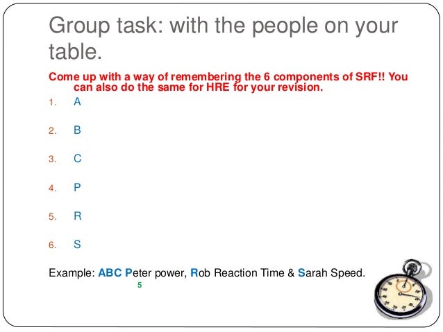 Group task: with the people on your
table.
Come up with a way of remembering the 6 components of SRF!! You
can also do the...