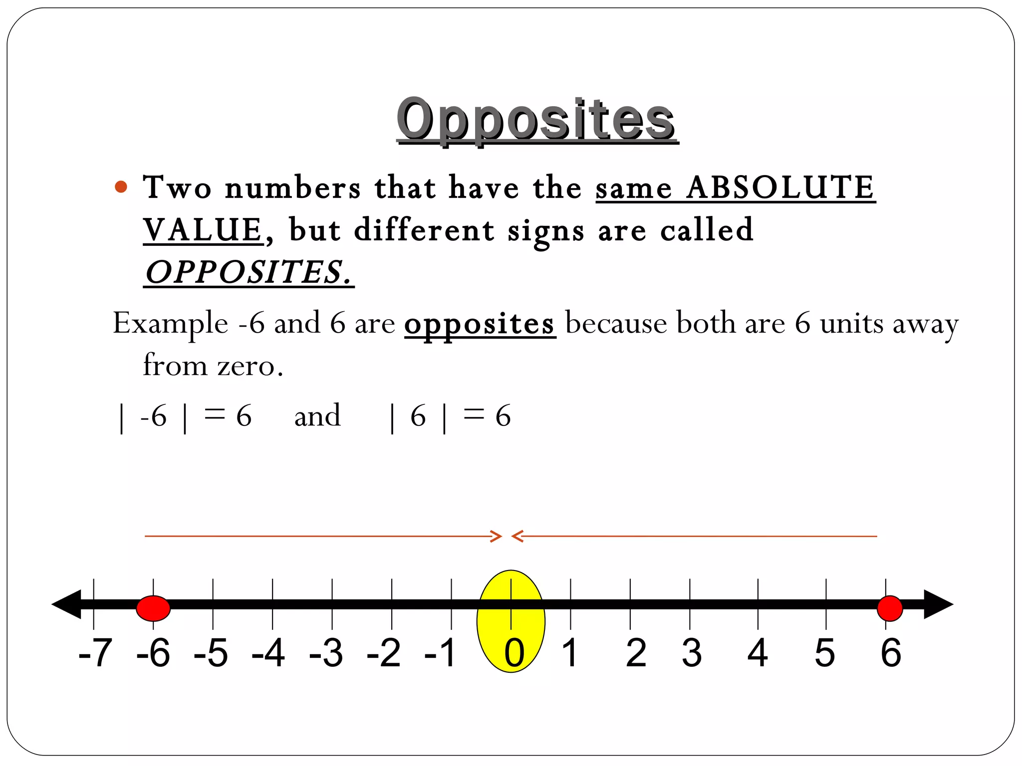 Opposites Two numbers that have the  same ABSOLUTE VALUE , but different signs are called  OPPOSITES. Example -6 and 6 are  opposites  because both are 6 units away from zero. | -6 | = 6  and  | 6 | = 6 -7  -6  -5  -4  -3  -2  -1  0  1  2  3  4  5  6 