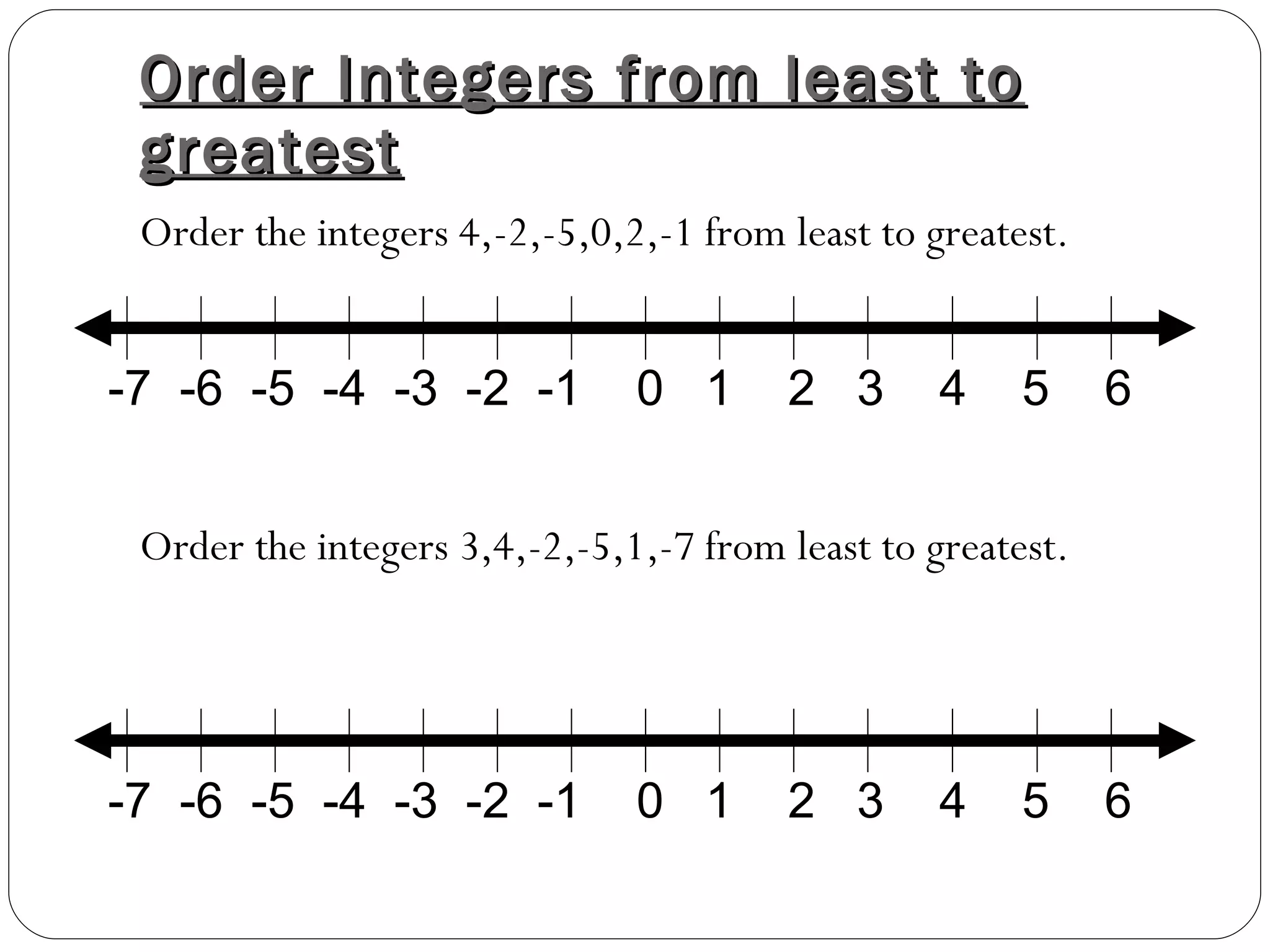 Order Integers from least to greatest Order the integers 4,-2,-5,0,2,-1 from least to greatest. Order the integers 3,4,-2,-5,1,-7 from least to greatest. -7  -6  -5  -4  -3  -2  -1  0  1  2  3  4  5  6 -7  -6  -5  -4  -3  -2  -1  0  1  2  3  4  5  6 