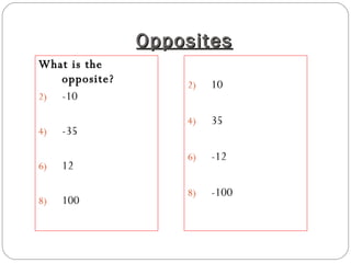 Opposites What is the opposite? -10 -35 12 100 10 35 -12 -100 